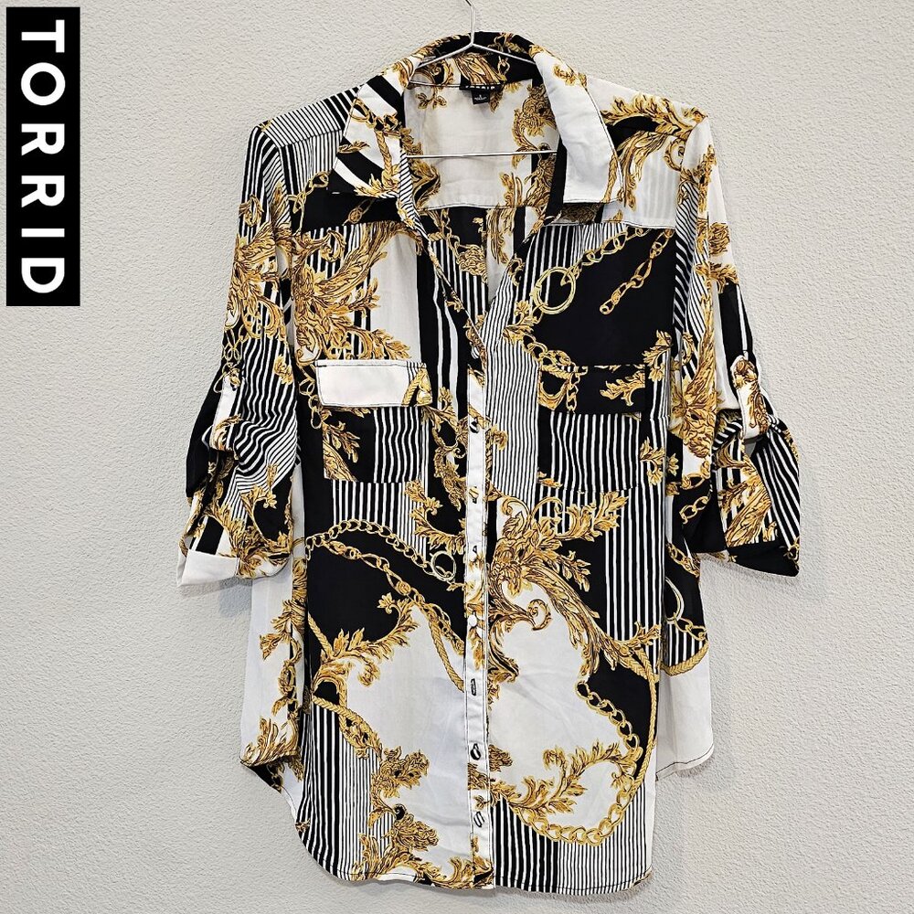 TORRID 1 Black White Gold Baroque Georgette Chains Blouse Plus Size 14/16 1X